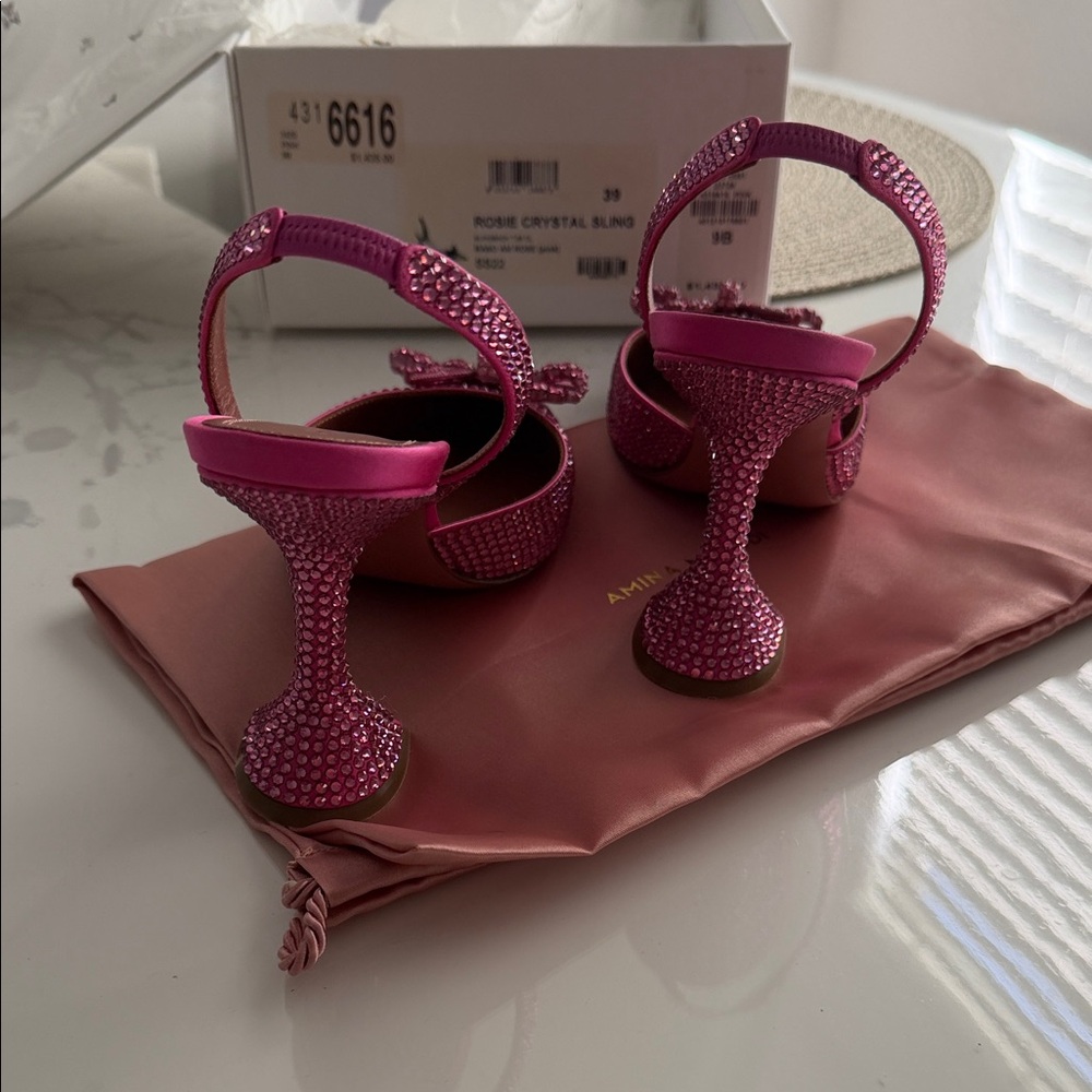 Amina Muaddi Fuchsia Crystal Slingback Pumps with Bow - Picture 7 of 14